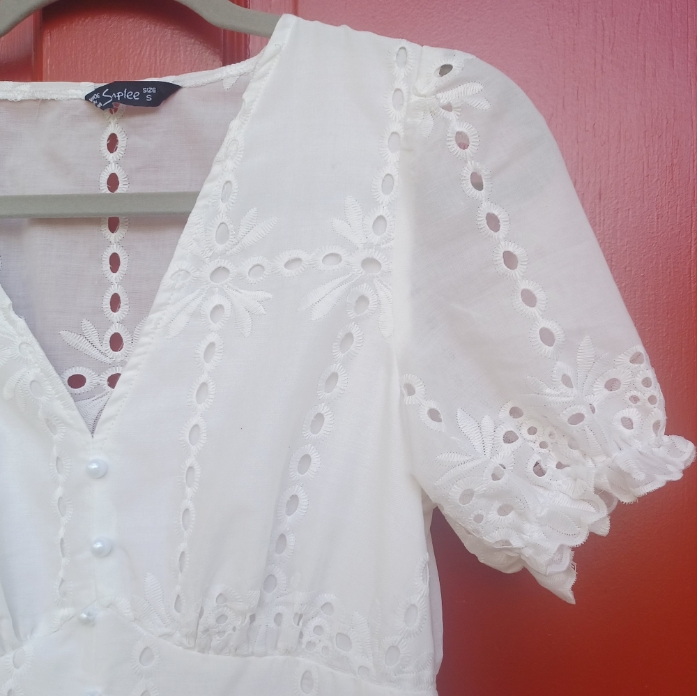 SIMPLEE Puff Sleeve Split Hem Gorgeous White Schiffy Dress - Picture 8 of 14